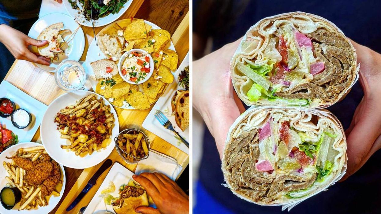 A meal at El Furniture Warehouse. Right: Donair from Cedar's Deli in Calgary.