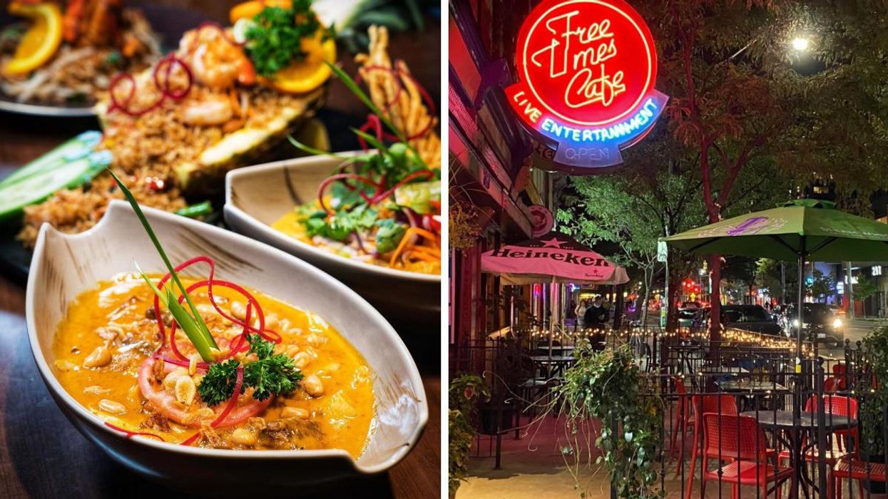 A meal from Crystal Thani. Right: The outside of Free Times Cafe.