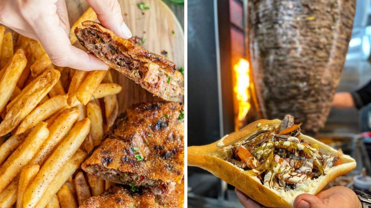 A meat sandwich and fries on a plate. Right: A beef sandwich with sauce.