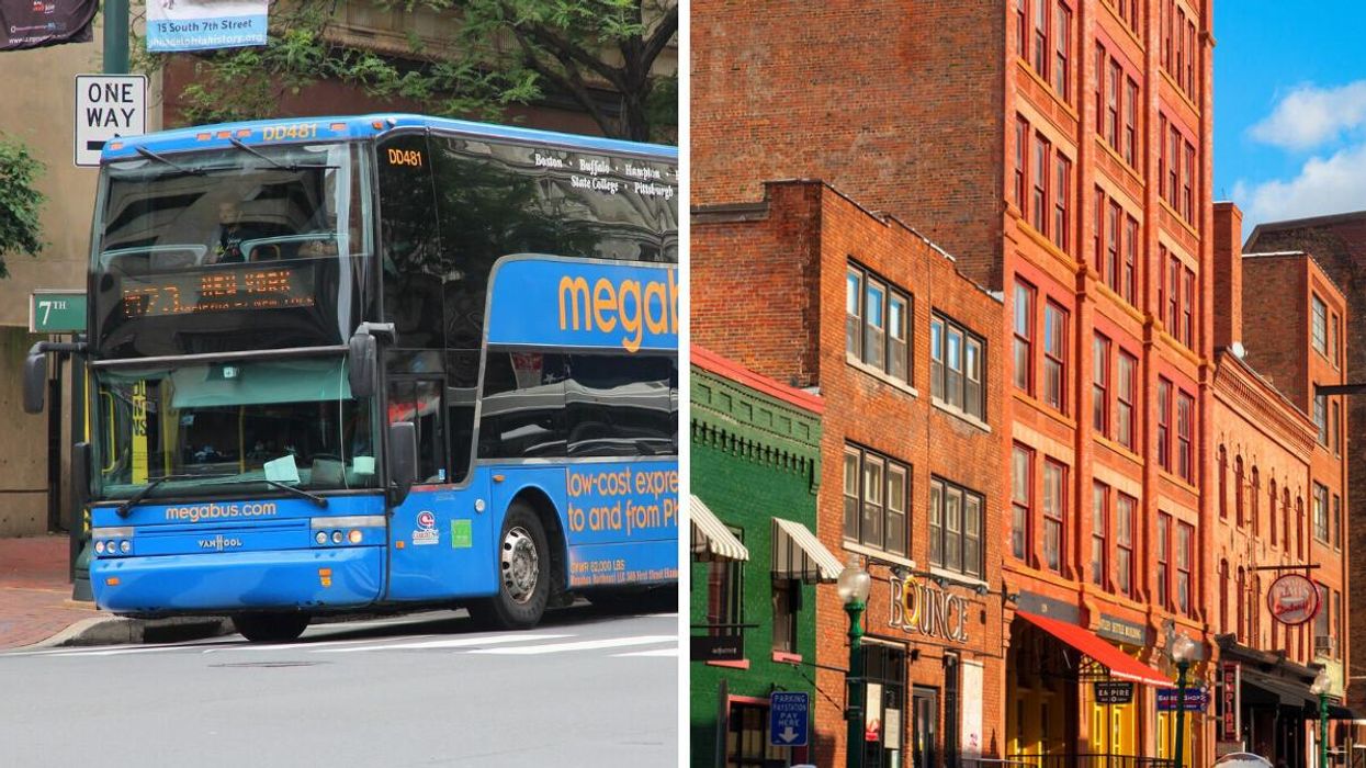 A Megabus bus. Right: Syracuse, NY.
