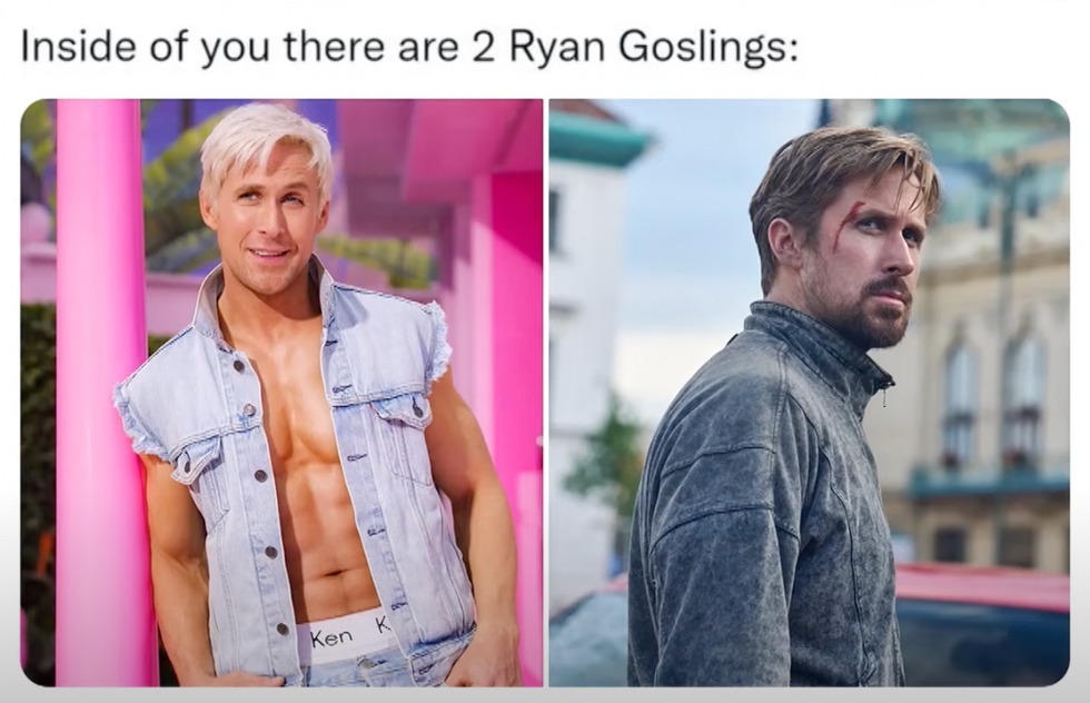 A meme that says "inside of you there are 2 Ryan Goslings.