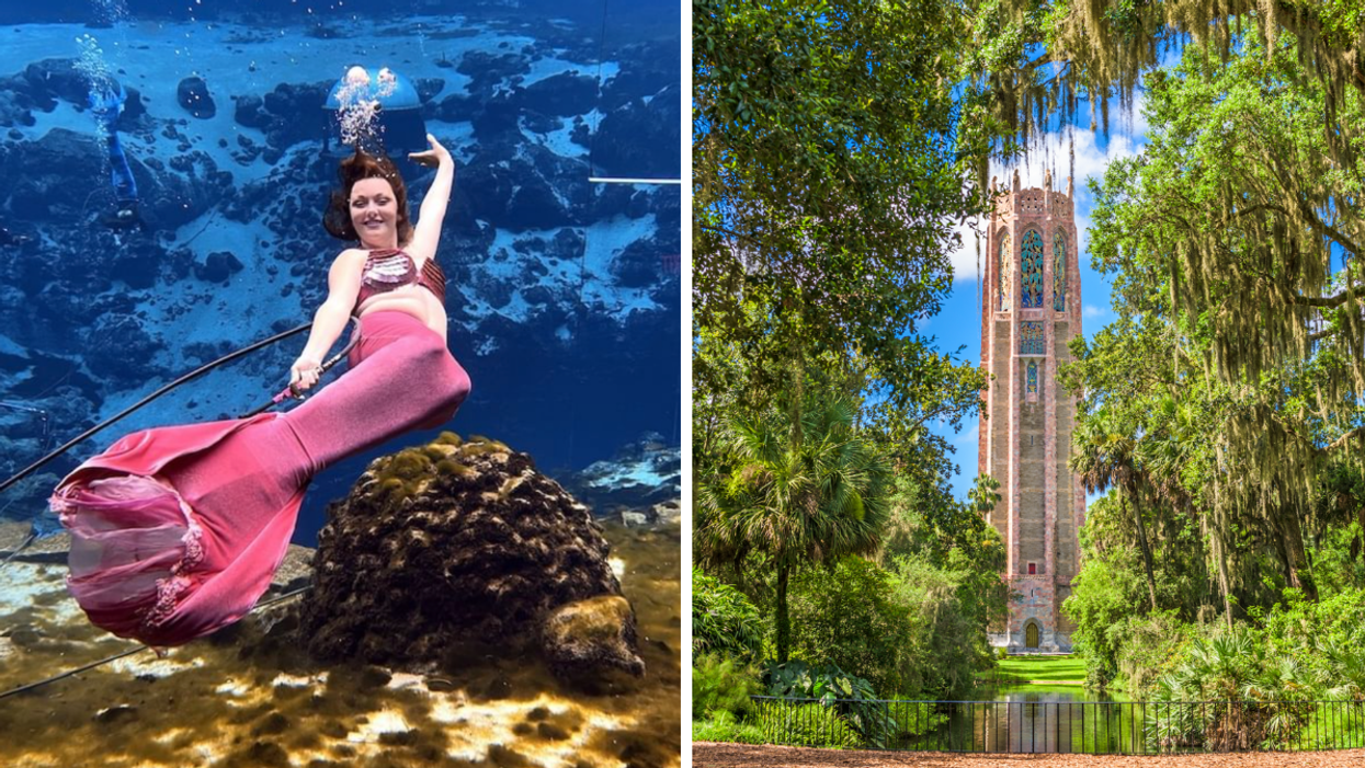 A mermaid in the water. Right: Bok Tower Gardens.