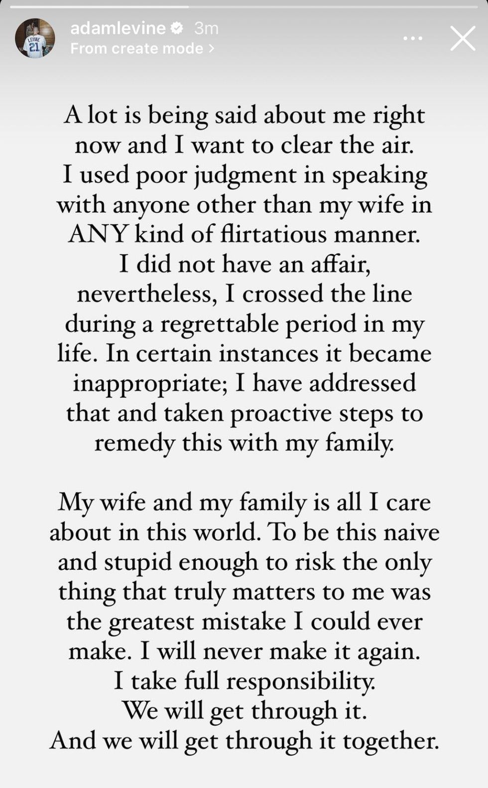 Un mensaje que Adam Levine publicó en su historia de Instagram.