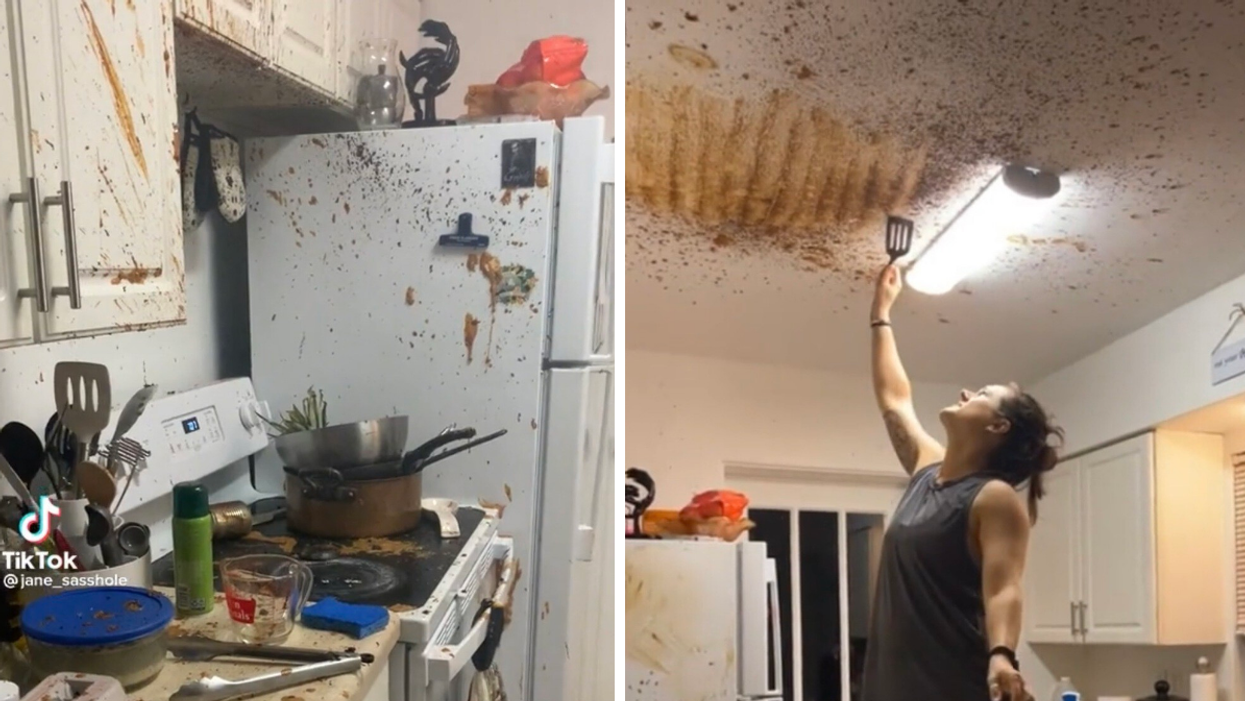 A messy stove. Right: A woman cleaning a ceiling.