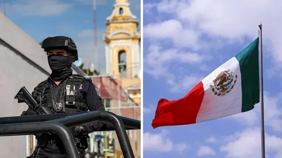 A Mexican military member. Right: The Mexican flag.