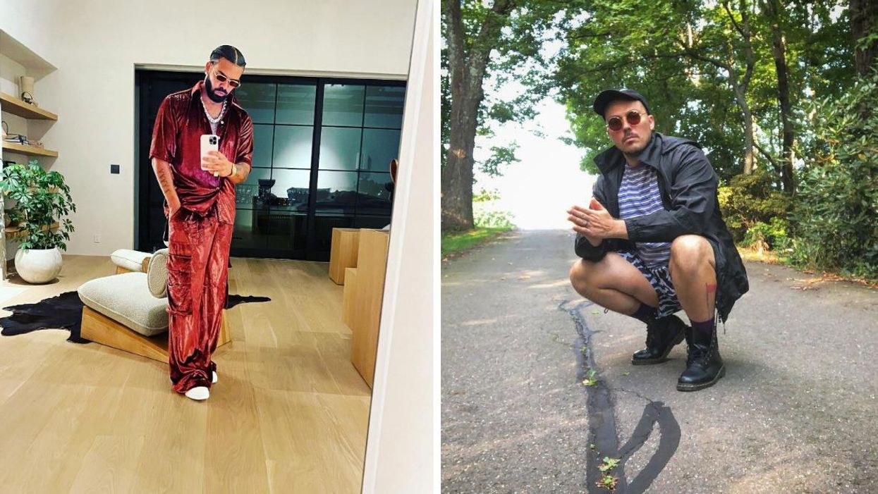 A mirror selfie of Drake. Right: Anthony Fantano.