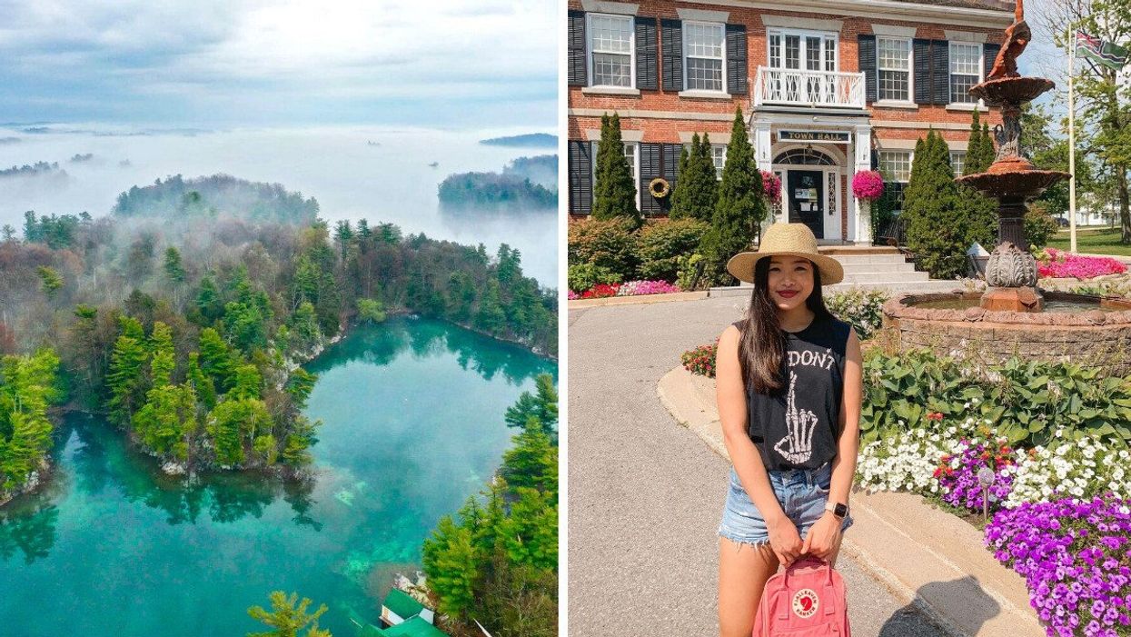 A misty island with turquoise water. Right: A person standing by a historic building.