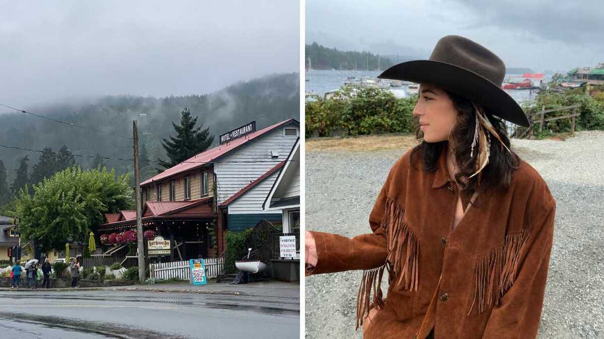 A misty street in a small British Columbia town. Right: A woman wearing a brown fringe jacket and black cowboy hat at an Alberta waterfront.