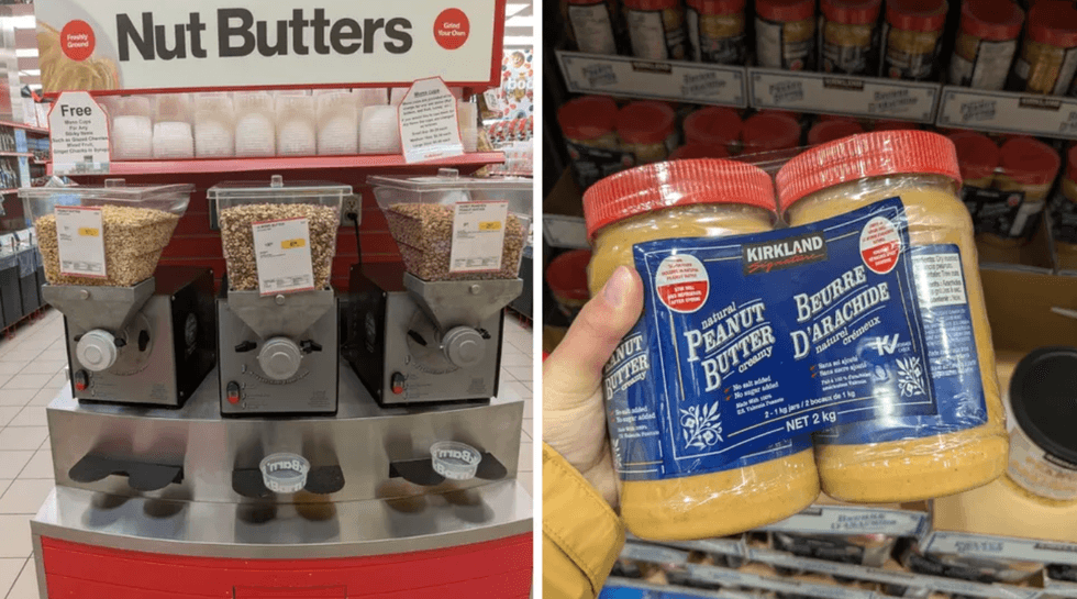 A mix of nuts. Right: Person holding a pack of two peanut butters.