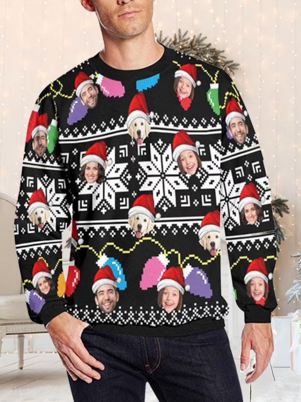 A model wearing a Christmas sweater with his and his family's faces on it.