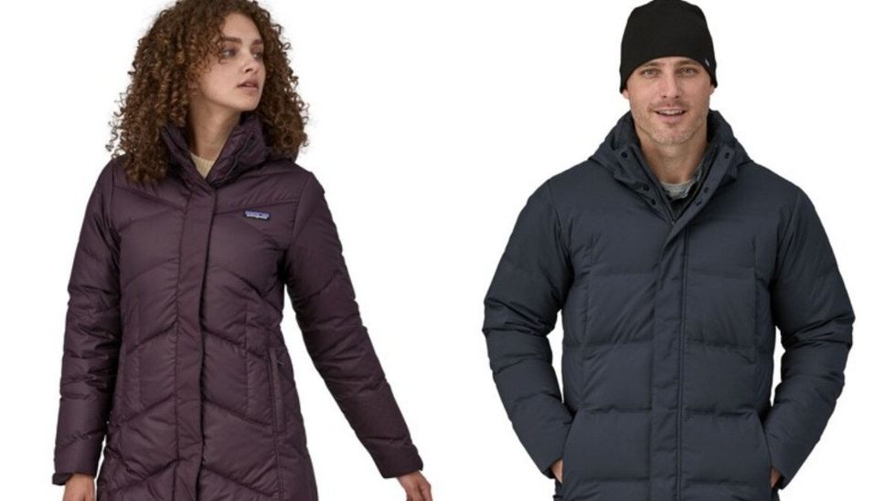 A model wearing a dark purple women's Patagonia winter jacket. Right: A model wearing a black toque and navy blue Patagonia men's jacket.