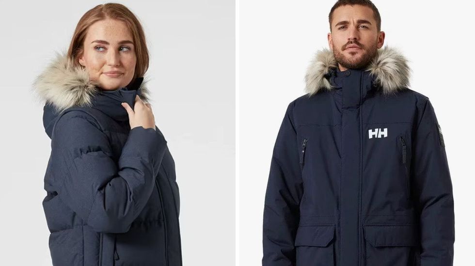 A model wearing a navy blue puffy Helly Hansen winter jacket with fur-lined hood. Right: A model wearing a men's navy blue Helly Hansen jacket with fur-lined hood.