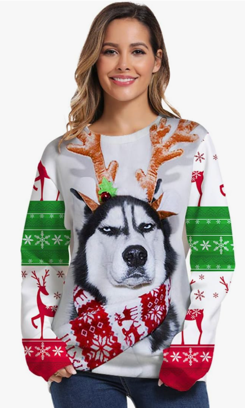 A model wearing a sweater with an annoyed looking dog with antlers on it.