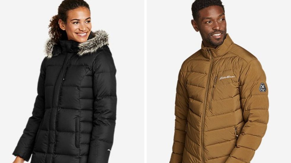 A model wearing a women's black Eddie Bauer jacket with a fur collar. Right: A model wearing a men's brown Eddie Bauer jacket.
