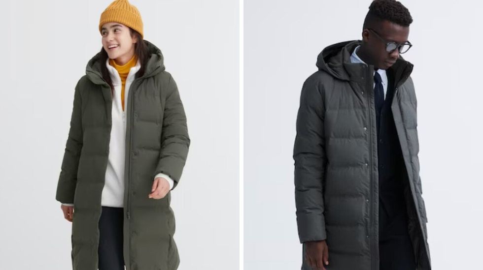 A model wearing a women's khaki green Uniqlo winter jacket and yellow toque. Right: A model wearing a men's long grey Uniqlo winter jacket.