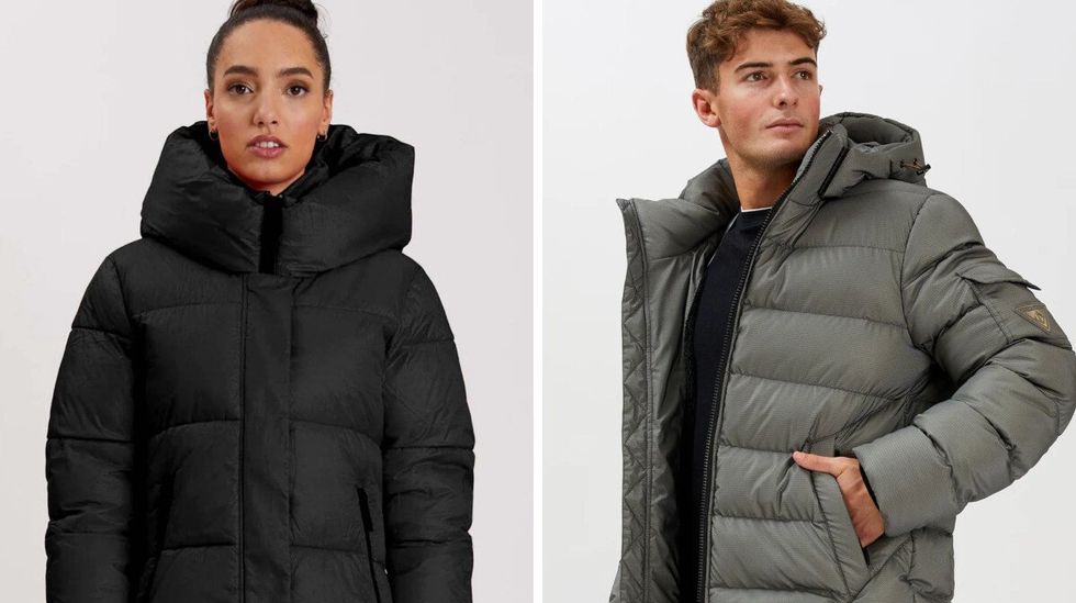 A model wearing a women's short puffer jacket from Point Zero. Right: A model wearing a grey puffer jacket from Point Zero.