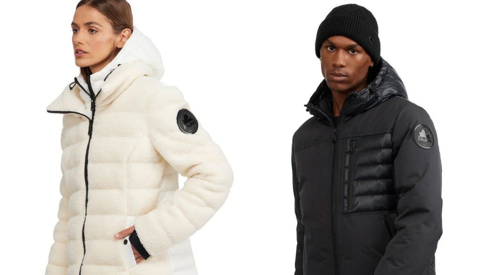 A model wearing a women's white Pajar puffer jacket. Right: A model wearing a men's black jacket and a black toque.