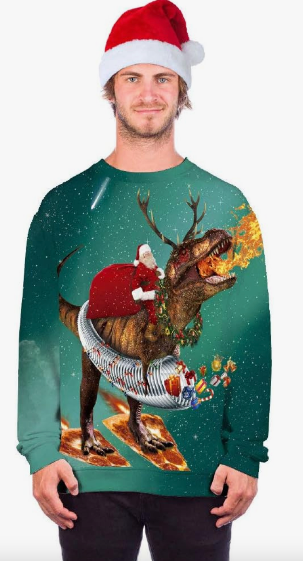 A model wearing an ugly Christmas sweater with Santa riding a dinosaur who is standing on pizza slices.