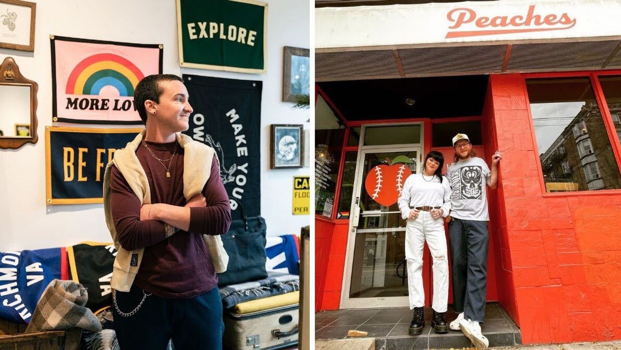 A model wearing Peau de Loup. Right: Peaches Sports Bar owners Veronica Saye and Anthony Faushell stand outside.