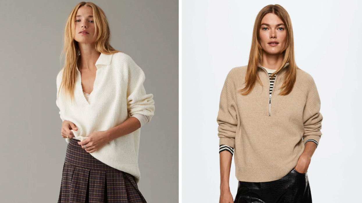 A model wearing the AE Oversized Collared Sweater. Right: A model wearing the High neck sweater with zip from Mango.