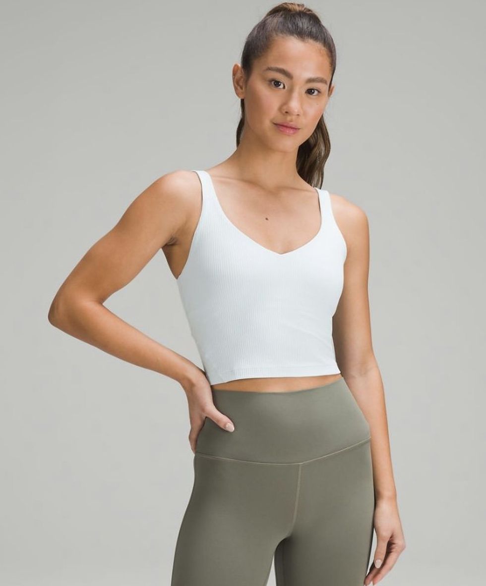 A model wearing the Lululemon Align Ribbed Tank Top in the colour Powder Blue.