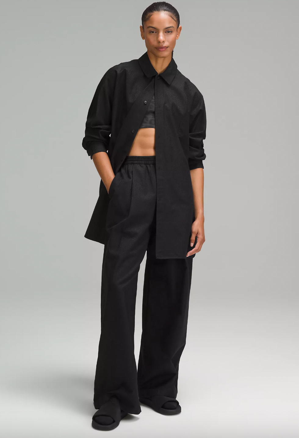 A model wearing the Lululemon lab Jacquard Relaxed-Fit Shirt.