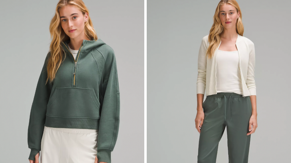 A model wearing the Scuba Oversized Half -Zip Hoodie. Right: A model wearing the Scuba Mid-Rise Wide-Leg Pant Full Length.