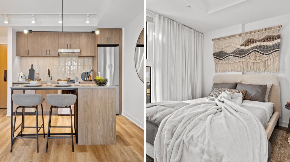 A modern kitchen with woodgrain cabinets and stainless appliances. Right: A bedroom with macrame decoration above the head and grey bedding. 