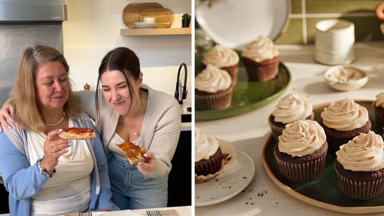 A mom and daughter having PC pizza. Right: PC vegan cupcakes.
