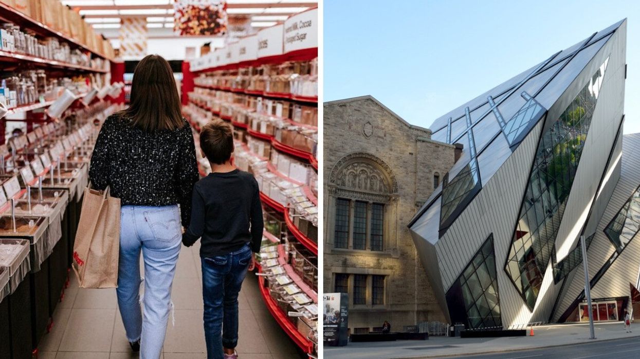 A mom and son walking down an aisle at Bulk Barn. Right: An exterior shot of the Royal Ontario Museum in Toronto.
