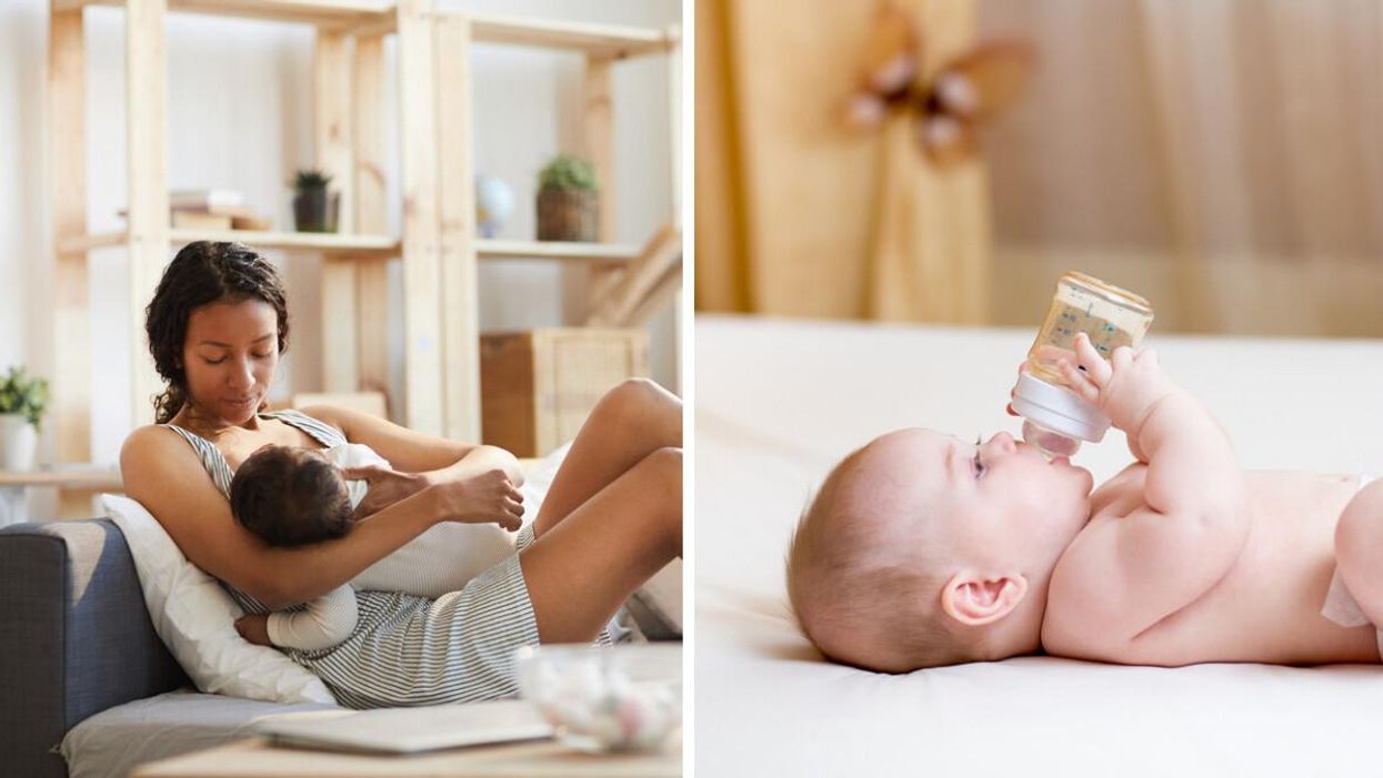 A mom breastfeeding her baby. Right: A baby drinking from a bottle.