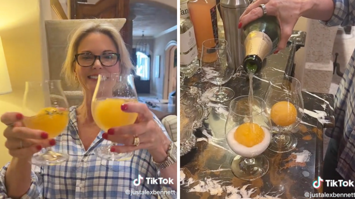A mom holding up mimosas. Right: The mimosa hack.