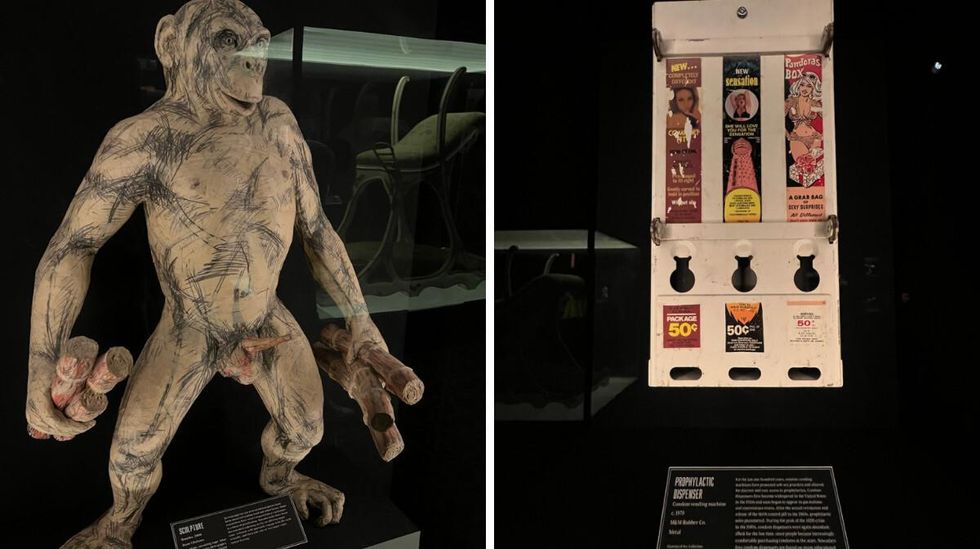 A monkey sculpture at the Museum of Sex in NYC. Right: A condom vending machine at the Museum of Sex in NYC.
