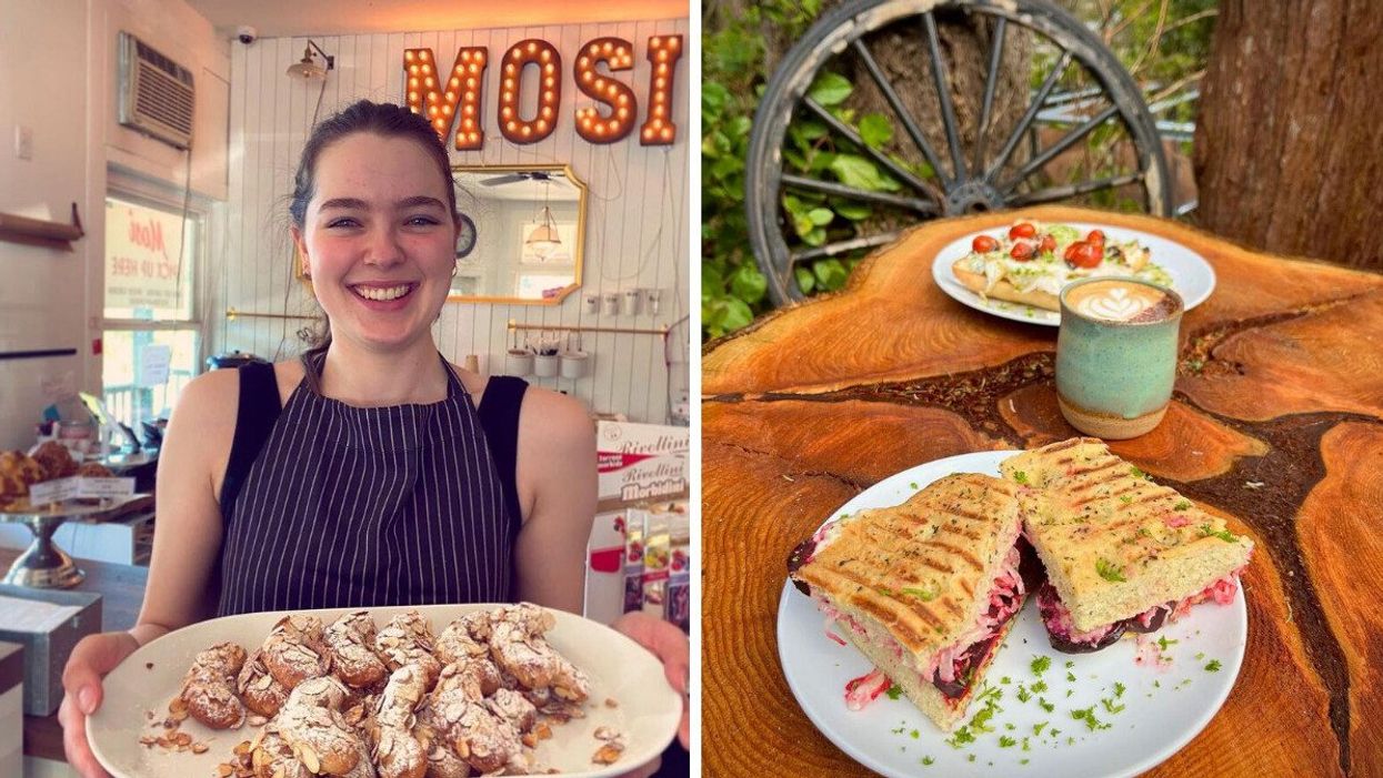 A Mosi Bakery employee holding up a plate of cookies. Right: Food from Shirley Delicious.