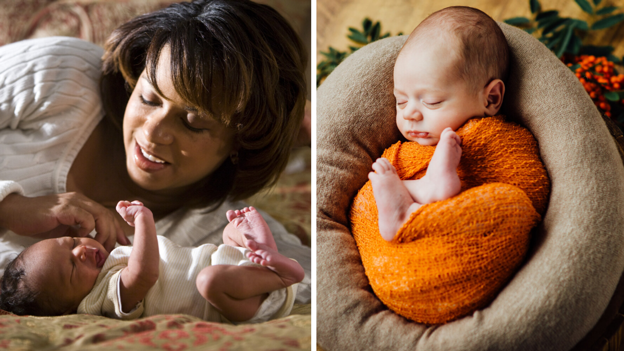 A mother and her baby. Right: A newborn sleeping.
