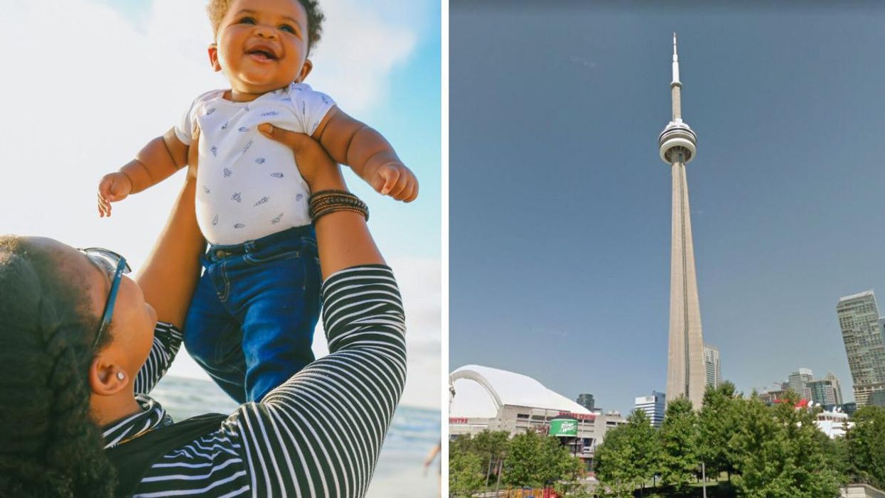 A mother and her baby. Right: The CN tower in Toronto