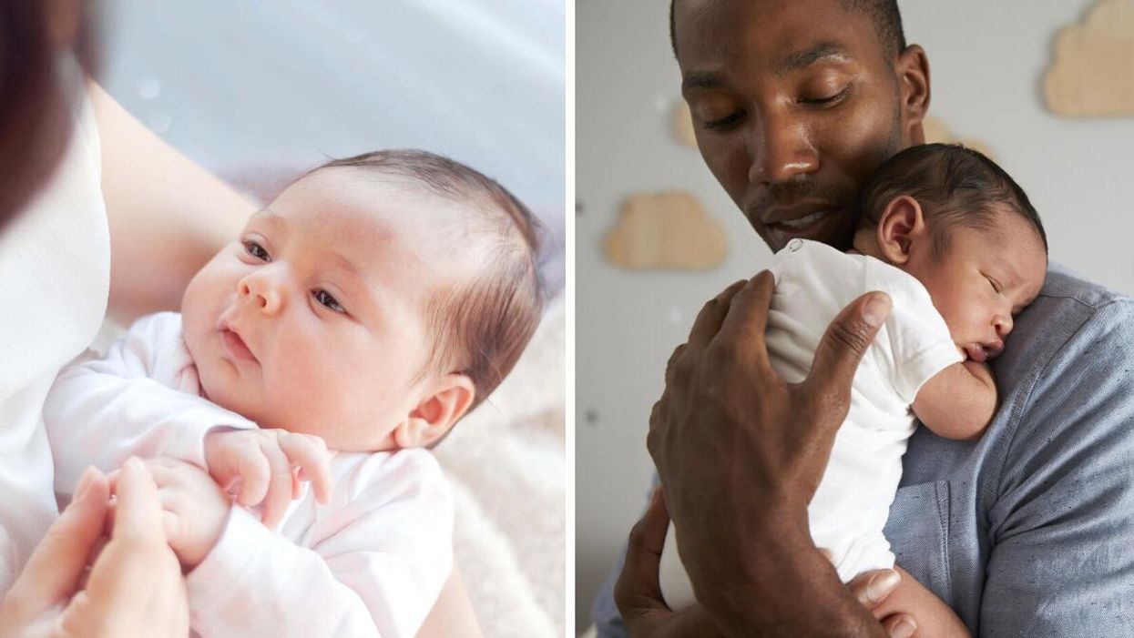 A mother with her newborn baby. Right: A father holding his newborn baby son.
