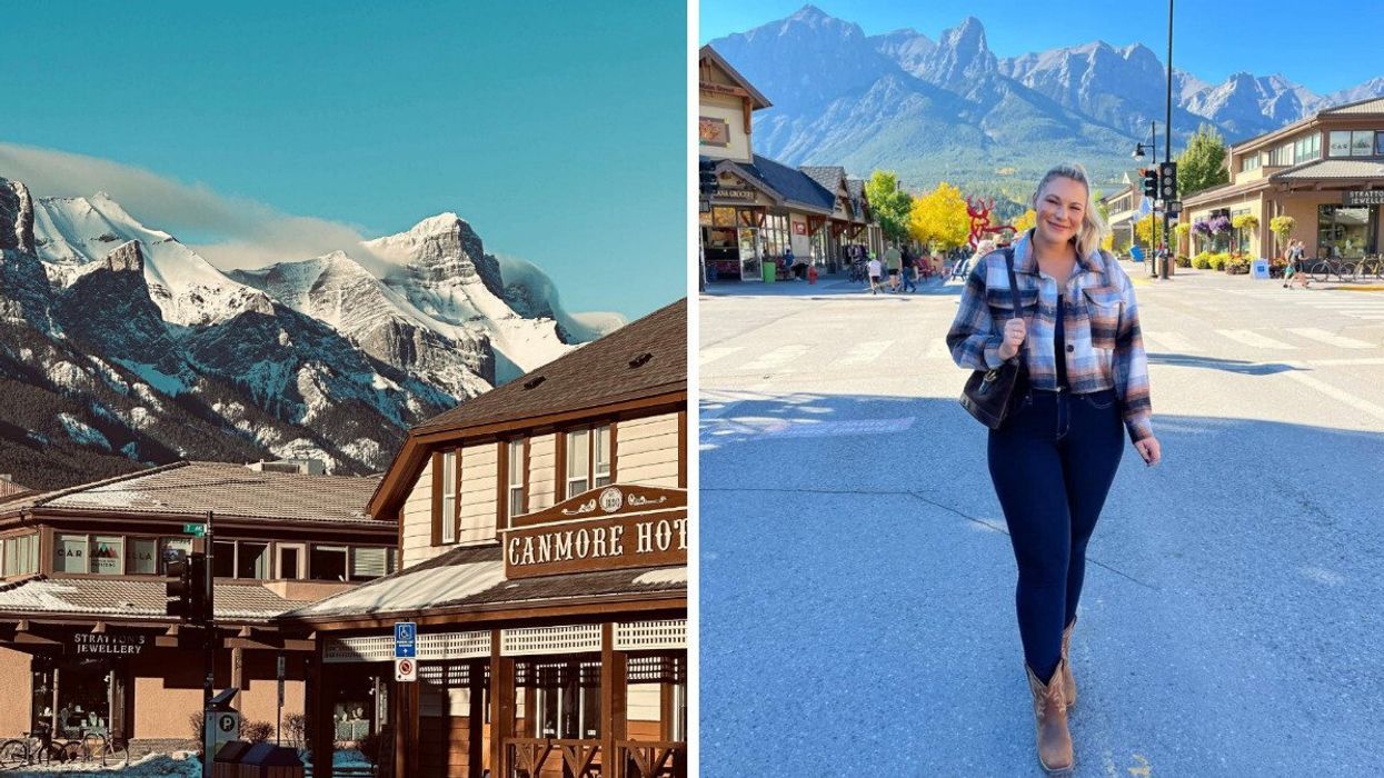 A mountain town. Right: A person on a street.