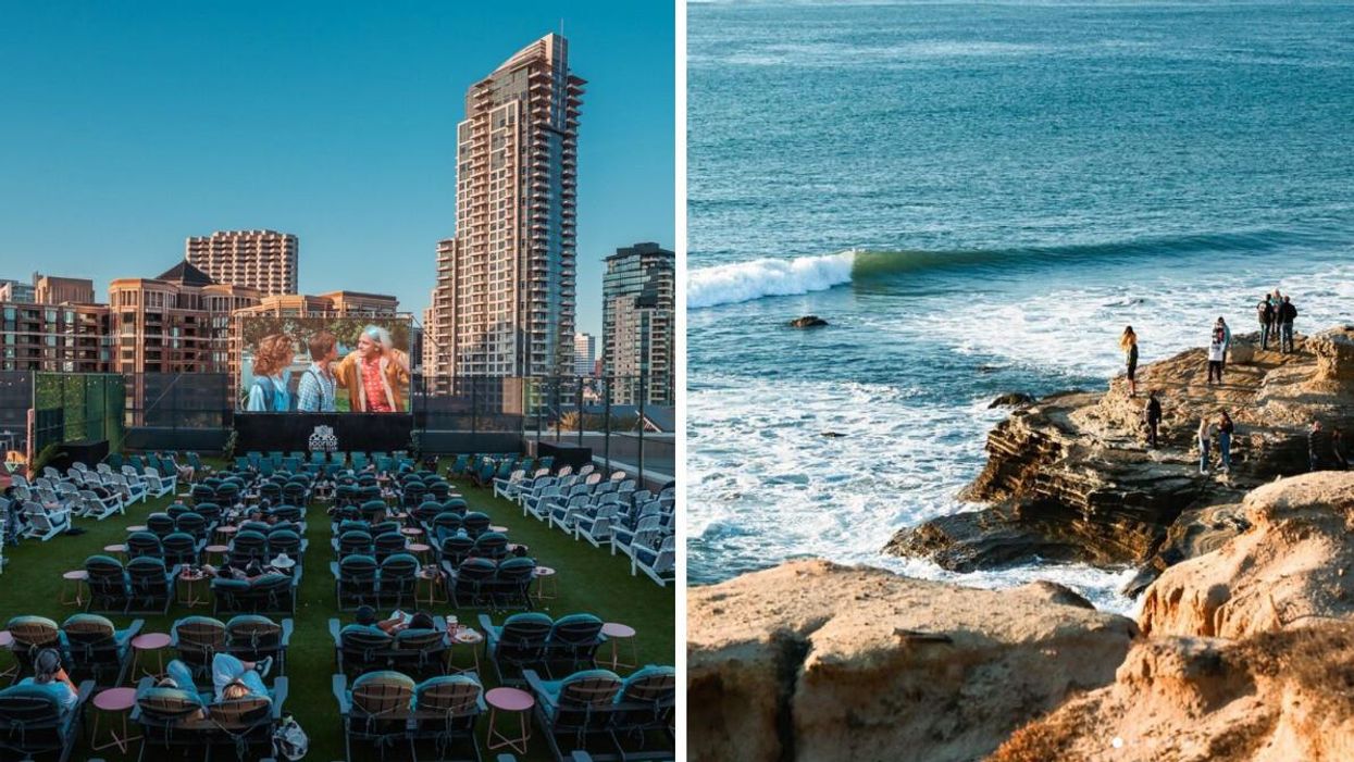 A movie showing at the cinema club on the roof. Right: A cliff at Cabrillo National Park.