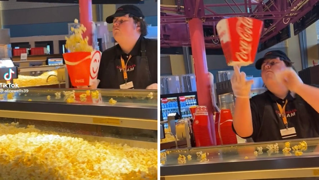 A movie theatre employee making popcorn. Right: The employee spinning the box of popcorn.