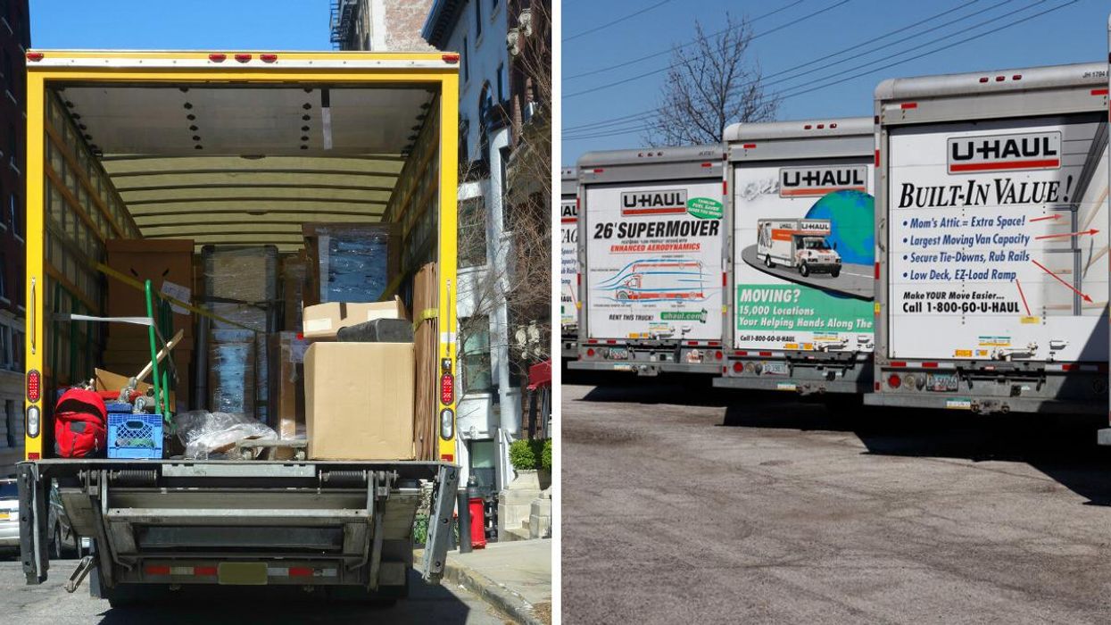 A moving truck. Right: A few U-Haul trucks.