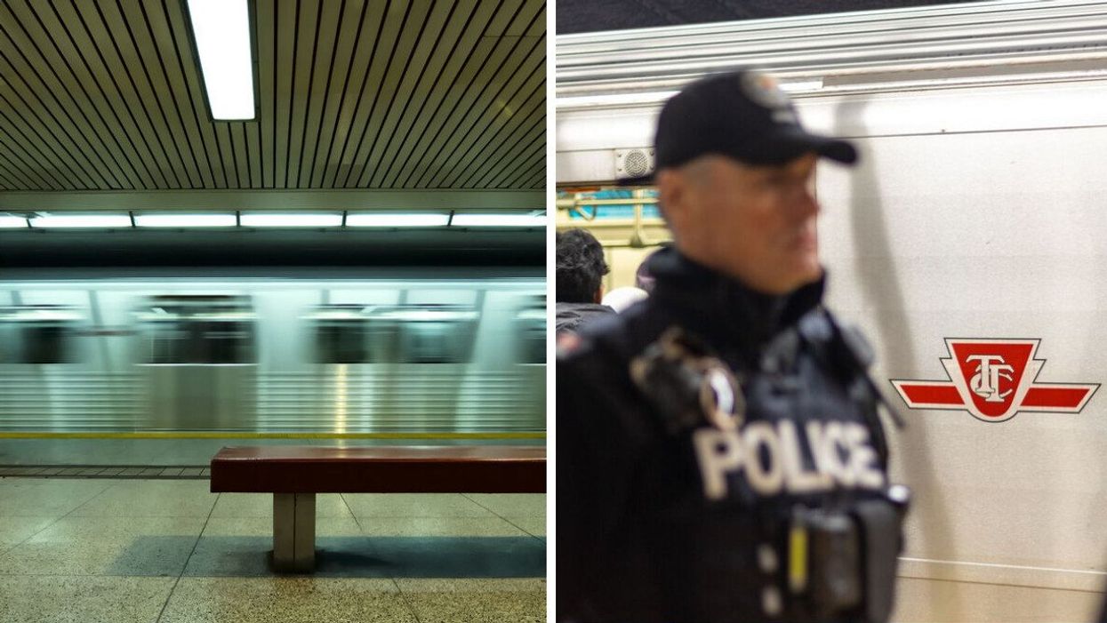 A moving TTC subway. Right: A Toronto Police officer on patrol at a TTC subway station.