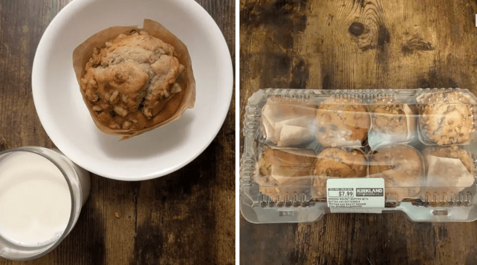A muffin on a white plate beside a glass of milk, with a package of muffins on the table.