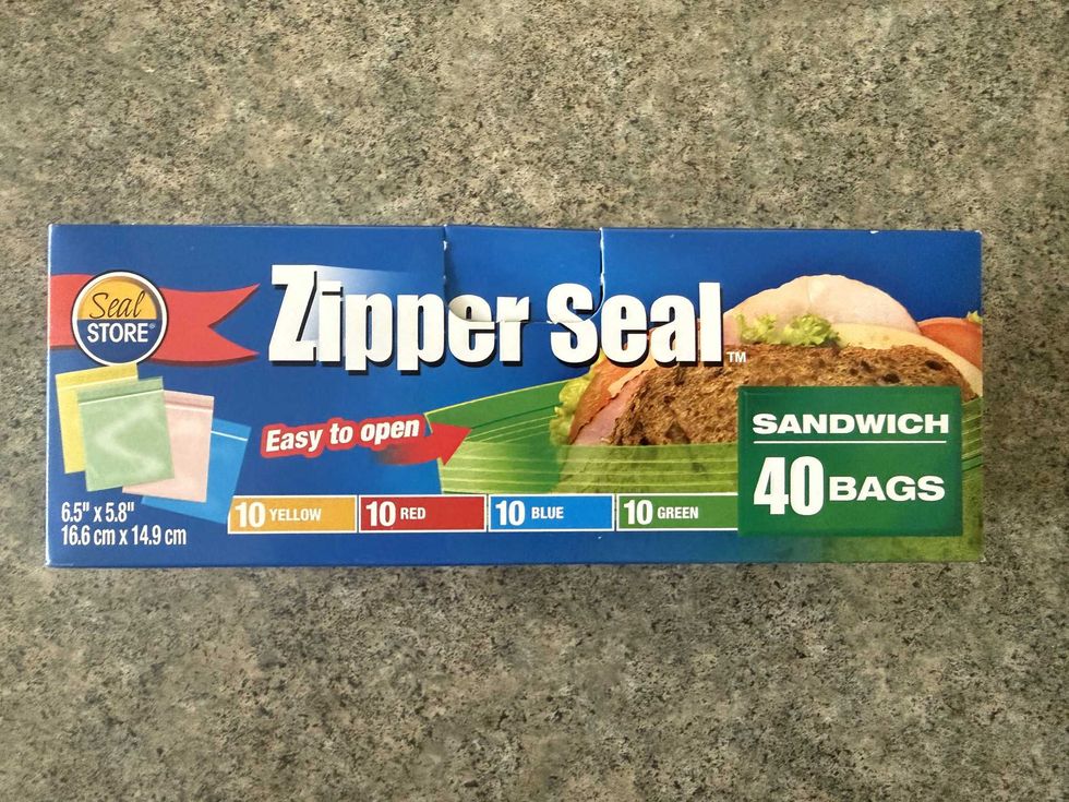A multi-coloured box that says Zipper Seal sandwich 40 bags.