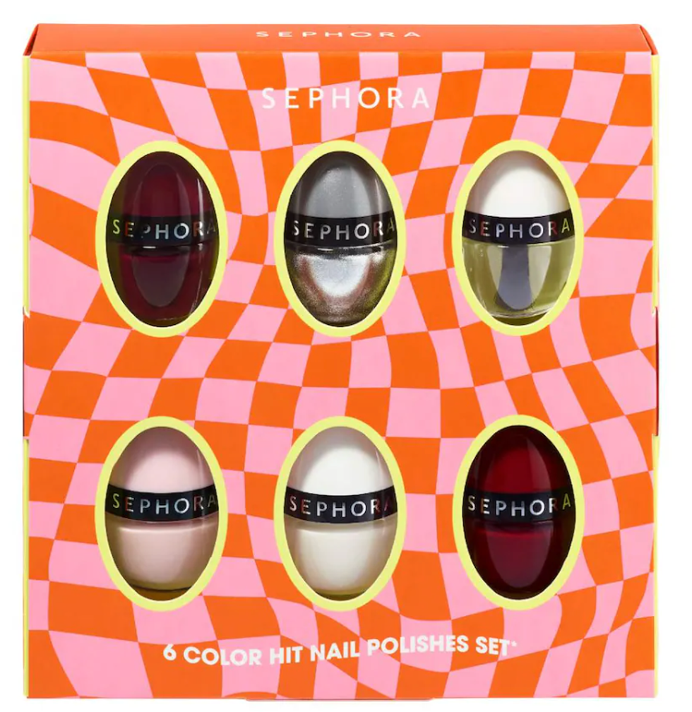 A multi-coloured box with six mini Sephora nail polishes in different colours.