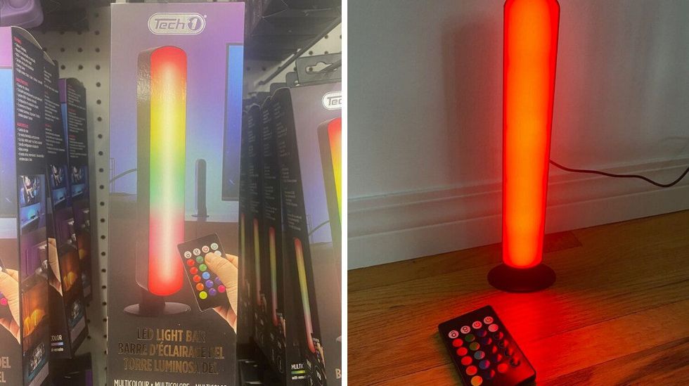 A multi-coloured light in a box on a store shelf. Right: A red light on the floor with a remote next to it.