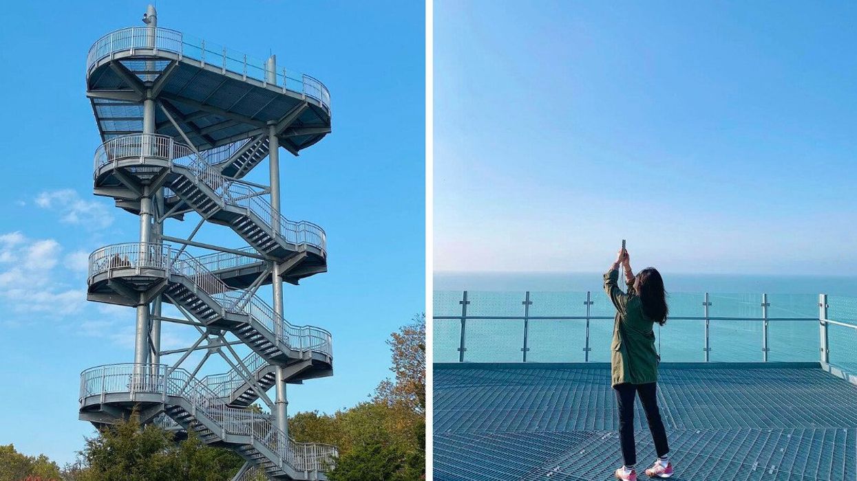 A multi-level lookout tower. Right: A person taking a picture from a lookout tower.