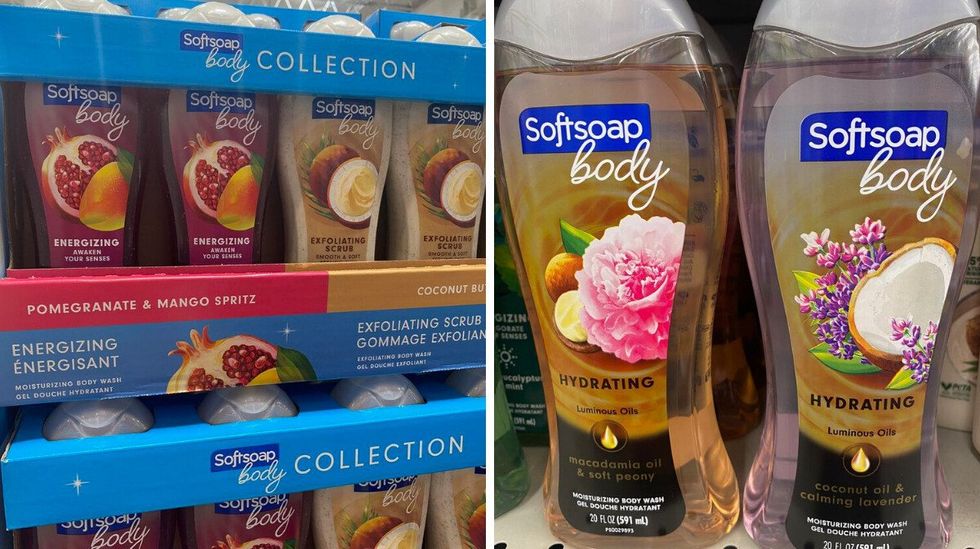 A multi-pack of red and white Softsoap Body washes on a store shelf. Right: Bottles of Softsoap body wash on a store shelf.