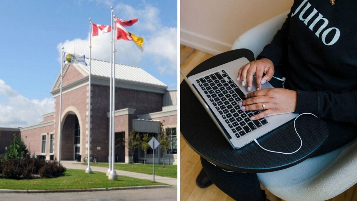 A municipal building in the Town of Aylmer, Ontario. Right: Someone working on a laptop.