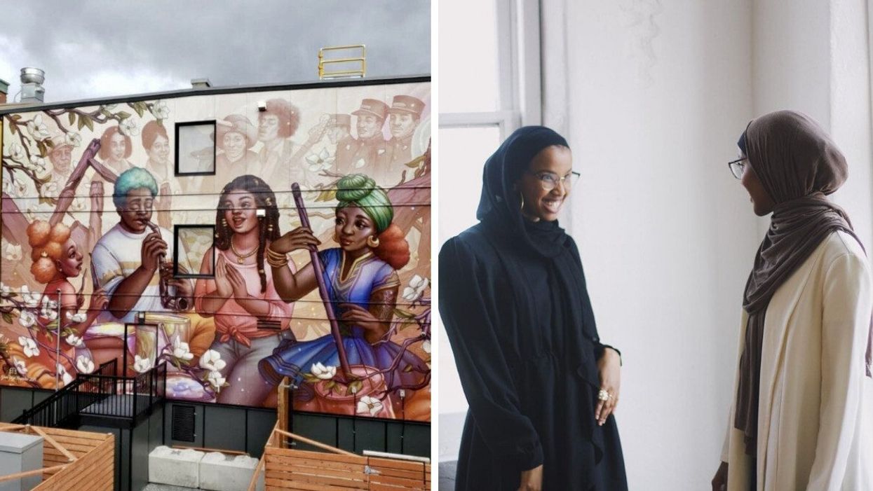 A mural on a building in Vancouver. Right: Two women smiling at each other.